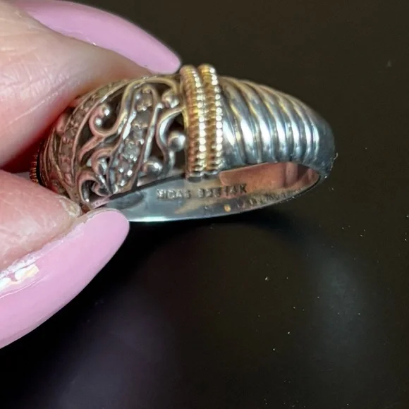 Sterling Silver Filigree, 14k Yellow Gold, and Round Diamonds Ring